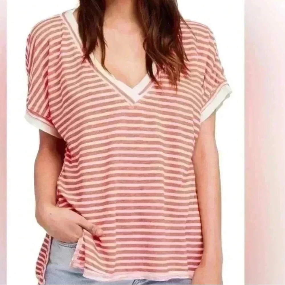 Free People Coral Short Sleeve striped oversized Jewel Neck Top sz medium
